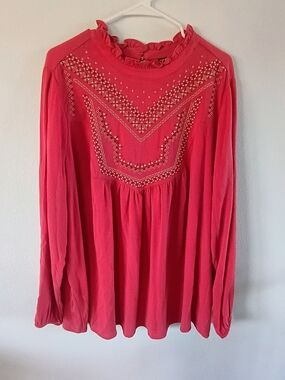 Torrid Coral Pink Embroidered Boho Blouse Ruffle Neck Flowy Top Size 2 2X